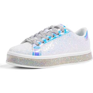LUCKY STEP Women's Platform Glitter Sneakers | Sparkly Bling Shiny Dressy Bedazzled Wedding Bridal Fashion Walking Shoes (White, US 8.5)