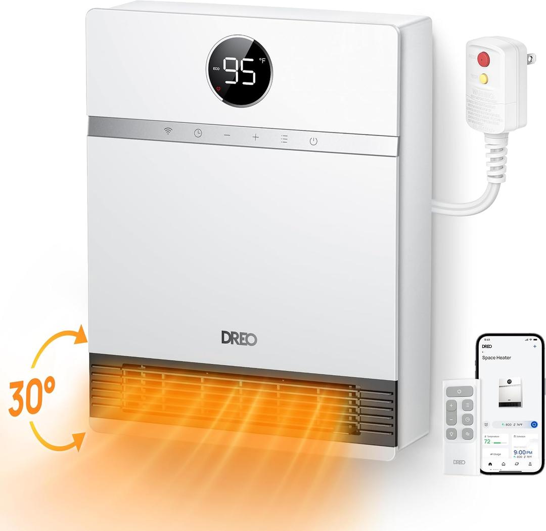 DREO Smart Wall Heater for Bathroom, IP24 Electric Space Heater with ALCI Plug for Indoor Use, 30 Oscillation, Adjustable Thermostat, Remote Control, Works with Alexa, 24H Timer, Easy-mounted Heater