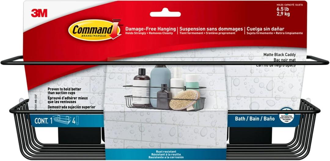 Command Shower Caddy Matte Black with Water Resistant Command Strips, Bathroom Organizer, Holds up to 6.5 lbs, 1 Count (Pack of 1)