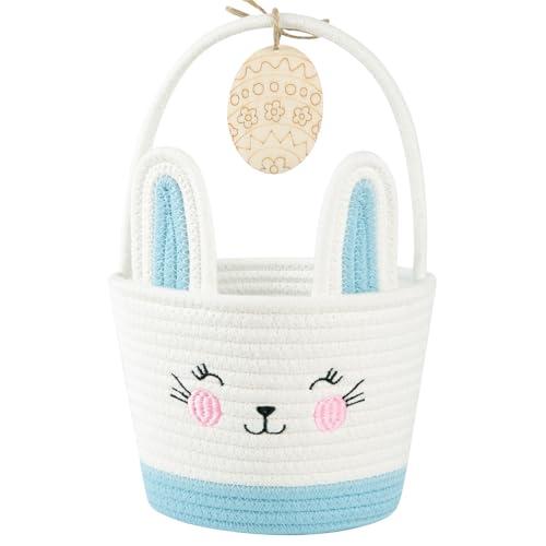 OIASKET Personalized Easter Basket for Toddler, Woven Baby Easter Gifts Basket with Handle, Empty Bunny Egg Basket for Girls Boys Kids-Small Blue 5.9" x 5.9"/4L