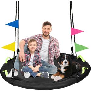 48 inch Tree Swing, Larger Saucer Flying Swing for Whole Family, 900lbs Weight Capacity, with Adjustable Hanging Straps, for Outdoor Backyard, Gifts for Kids, Black