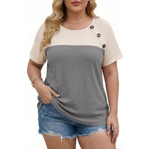 Eytino Womens Plus Size Summer Tops Color Block Crewneck Short Sleeve Loose Fit Tshirts,1X-5X (4X, Grey)