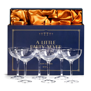 Vintage Crystal Champagne Coupe Glasses | Set of 6 | 4-5 oz Classic Cocktail Glassware - Martini, Manhattan, Cosmopolitan, Sidecar, Daiquiri | 1920s Speakeasy Retro Style Saucers | Storage Box