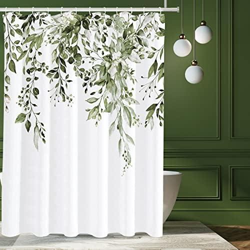 Olive Green Eucalyptus Shower Curtain Sets, Watercolor Leaves on The Top Plant with Floral Bathroom Decoration 72x72 Inch with Hooks