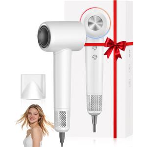 Ionic Hair Dryer, 150,000 RPM High-Speed Professional Blow Dryer for Fast Drying, 500M Negative Ions & Thermo-Control, Magnetic Nozzle, Low Noise & Lightweight for Home and Travel, White