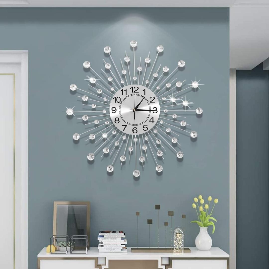 24 Inch Crystal Large Modern Metal Starburst Decor, Bling Crystal Wall Clock for Kitchen Office Bedroom Living Room Decorative (Silver)