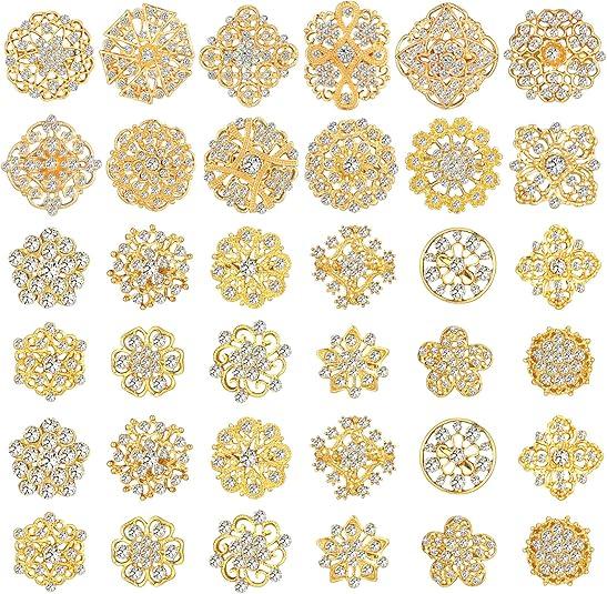 36 Pieces Clear Rhinestone Brooches for Crafts Crystal Flower Brooch Pins with Rhinestones Sliver Bulk Brooches Jewelry for Woman Flower Lapel Badge Pins DIY Wedding Bouquet Broaches Kit