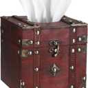 Sumnacon Tissue Box Retro Wood Square Tissue Box Cover Vintage Cube Tissue Box Holder,Decorative Tissue Holder for Bedroom Bathroom Toilet Table Desk Car Store Office Home,Red