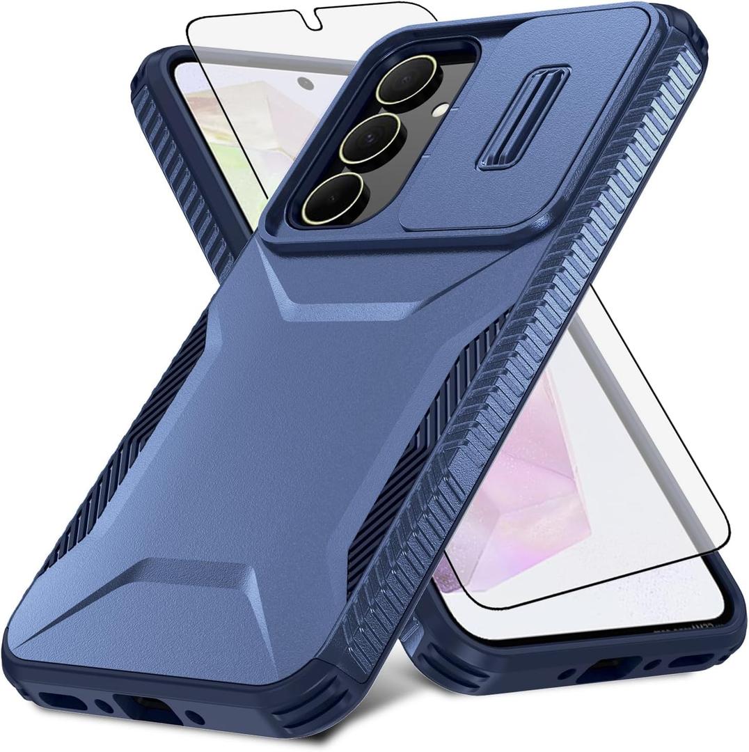 Asuwish Phone Case for Samsung Galaxy A35 5G with Tempered Glass Screen Protector and Slide Camera Cover Slim Rugged Hybrid Shockproof Protective Hard Cell Accessories A 35 35A A355G Women Men Blue