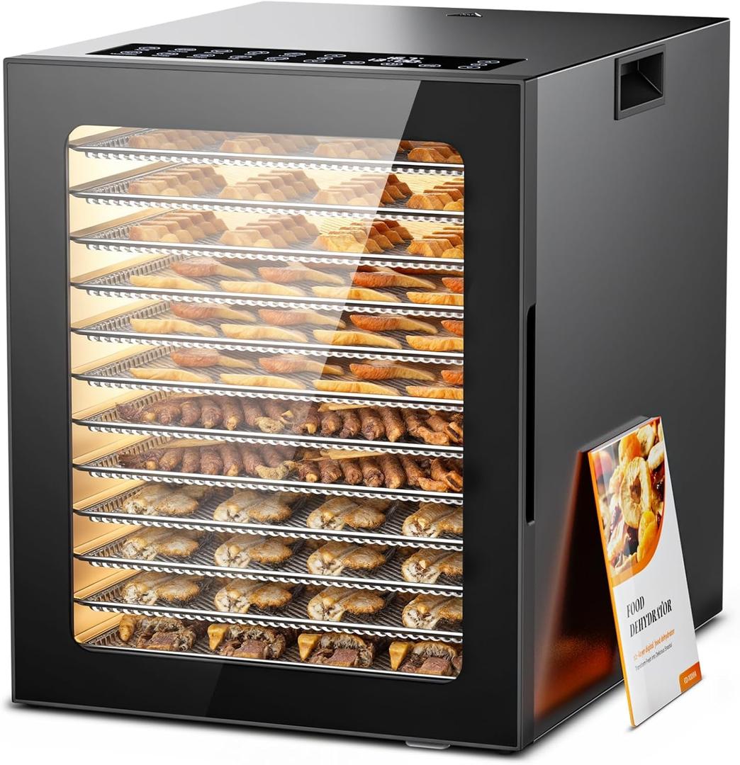 Food Dehydrator 12 Trays Stainless Steel - 850W Large Dryer for Jerky, Fruit, Meat, Herbs, Mushroom with Digital Timer & Glass Door