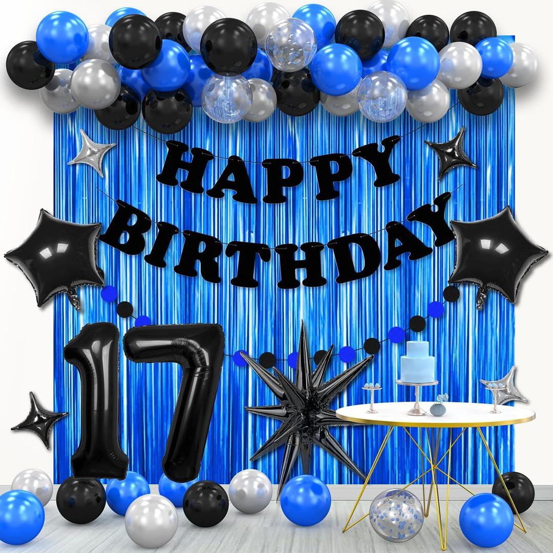 17th Birthday Decorations for Men, Boys, Blue and Black Happy Birthday Decorations with Felt Banners, Tassel Curtains, Foil Balloons, Balloon Sets for Birthday Party of Ages Such as 17th.