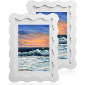 4x6 Wavy Picture Frame With Mat For 3.5x5, Wavy Edge Wooden Picture Frame with Real Glass - Wall Mount and Tabletop Display, White, 2 Pack