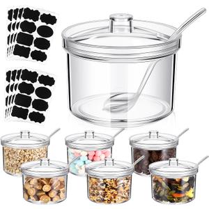 Tioncy 12 Pcs Sugar Bowls with Lid and Spoon Ice Cream Hot Cocoa Chocolate Bar Supplies Acrylic Sugar Jars Candy Dispenser with Tag for Condiment Jars Seasoning Kitchen (13.5 oz,Clear)
