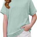 Girls Oversized Tees Textured Loose T-Shirt Short Sleeve Crewneck Summer Tops for Teen Girls Size 11-12Y Light Green