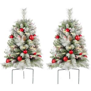 Flocked Christmas Tree 30 inch Prelit 2 Set Pathway Porch Christmas Trees Pre-Light LED Battery Operated Outdoor Xmas Decor for Entrance Driveway, Yard, Garden, Red Berries, Pine Cones