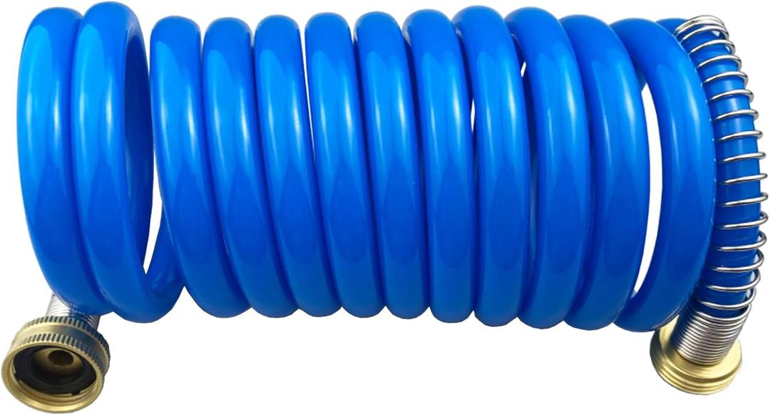 Heavy-duty PU Coil Hose, Self-Coiling Garden Hose with Solid Brass Fittings, Retractable, Corrosion Resistant, for Household (10 FT, Blue)