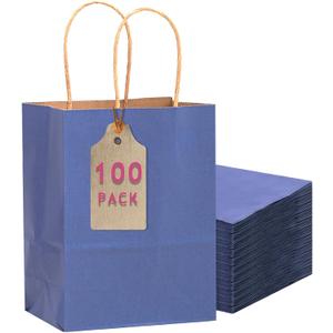 qiqee 100PCS Gift Bag with Handles Bulk Kraft Deep Blue Paper Bags Multiple Uses (11"x5"x8"inch Medium Size)