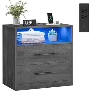 VASAGLE Custos Collection - 23.6 Inch Wide Nightstand with Charging Station, LED Lights, Modern Night Stand, Side End Table with Drawers, Open Shelf, 2 AC Outlets USB Ports, Misty Gray