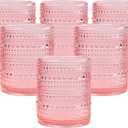 Pink Hobnail Drinking Glasses Set of 6, pink Beaded Highball Drinking Tumbler Glasses -pink colored water glasses Vintage Bubble Design Whiskey Glass,Old-Fashioned, Embossed Design glasses