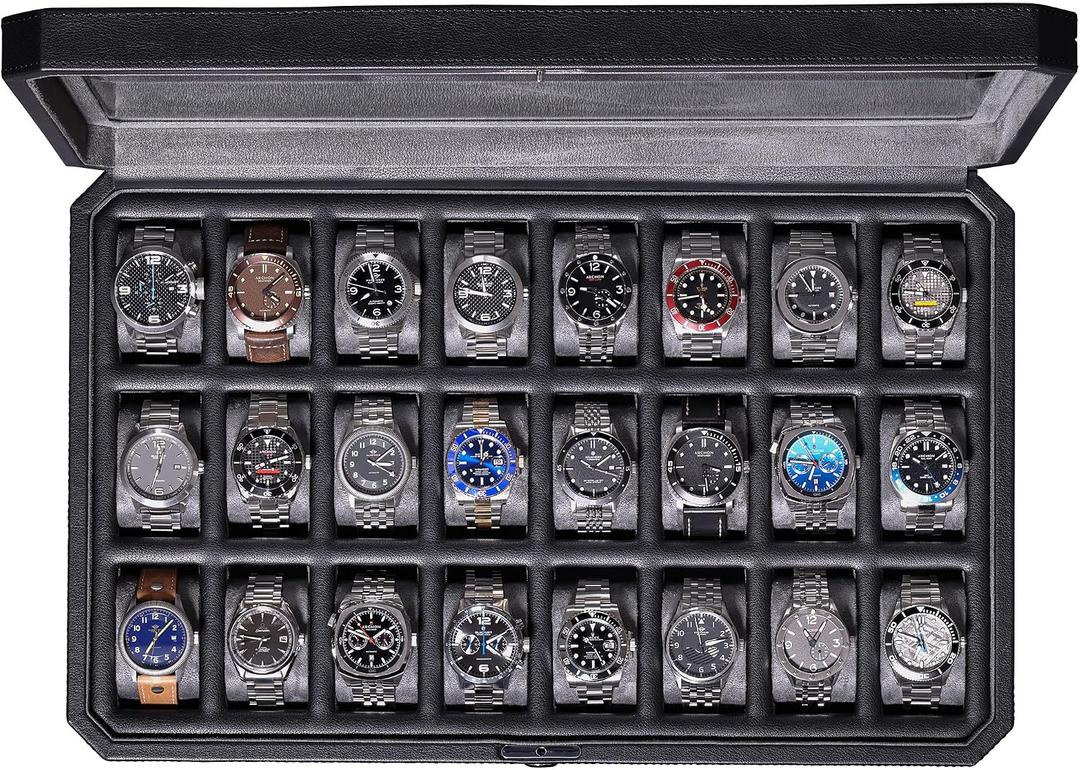 ROTHWELL 24 Slot Watch Case with Lock Luxury Watch Box to Display and Organize Your Collection | Real Glass Top | Premium Storage for Collectors (Black/Grey)