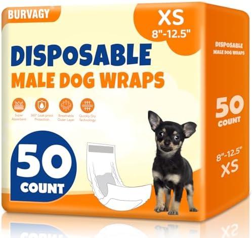 BURVAGY50 Count Disposable Male Dog Wraps, Male Dog Diapers, Super Absorbent Pee Wraps, Belly Bands for Dogs, Leak Proof, Wetness Indicator, Puppy and Doggie Diaper for Peeing, X-Small