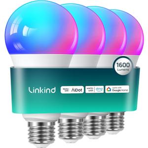Linkind Smart Light Bulbs, 1600LM (100W Equivalent) Smart Bulb, Work with Alexa & Google Home, RGBTW Color Changing Bulb Music Sync, 2.4GHz Wi-Fi & Bluetooth, LED Alexa Light Bulbs 14W, A21 E26, 4Pack