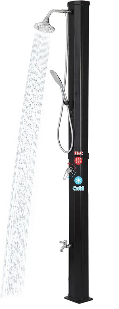 9.3 Gallon Solar Heated Outdoor Shower, 7.2FT Height, 360Rotating Rainfall + 6FT Handheld Shower + Foot Faucet, Freestanding Black Poolside Shower with Hot & Cold Water Adjustment