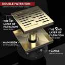 WEBANG 6 Inch Square Shower Drain Gold Floor Drain with Flange Rainline Pattern Cover Grate Removable SUS304 Stainless Steel Watermark&CUPC Certified Brushed Gold