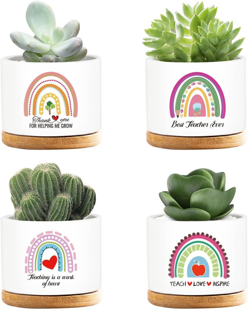 4 Pcs Teacher Appreciation Gifts Funny Ceramic Succulent Plant Pot Teacher Planter Pot Thank You Gifts for Coworker Teacher Valentines Birthday Gift, Plants Not Included