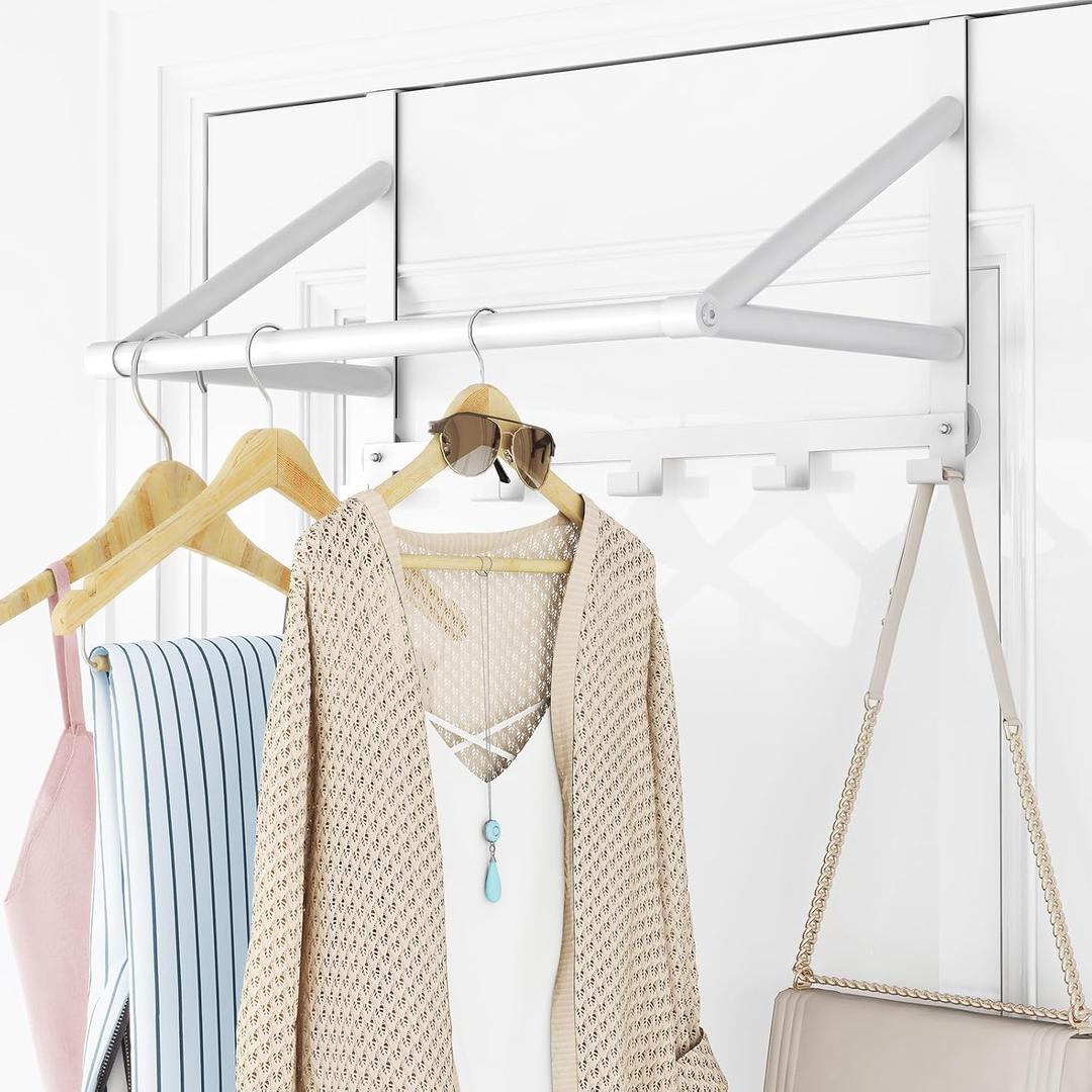 Over The Door Clothes Hanger, Metal Over The Door Hangers for Clothes with 5 Hooks, Clothing Hanger Drying Racks for Laundry, Bedroom, Washroom, Fits Door Up to 1.85", White