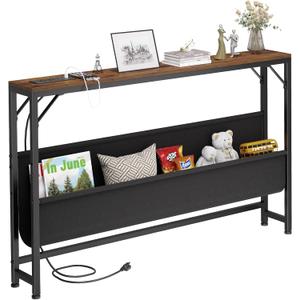 Asgolion Narrow Console Table with Power Outlet, 47.2 Inch Thin Entryway Table with Storage, Long Sofa Side Table, Behind Couch Table for Living Room, Foyer, Hallway, Rustic Brown