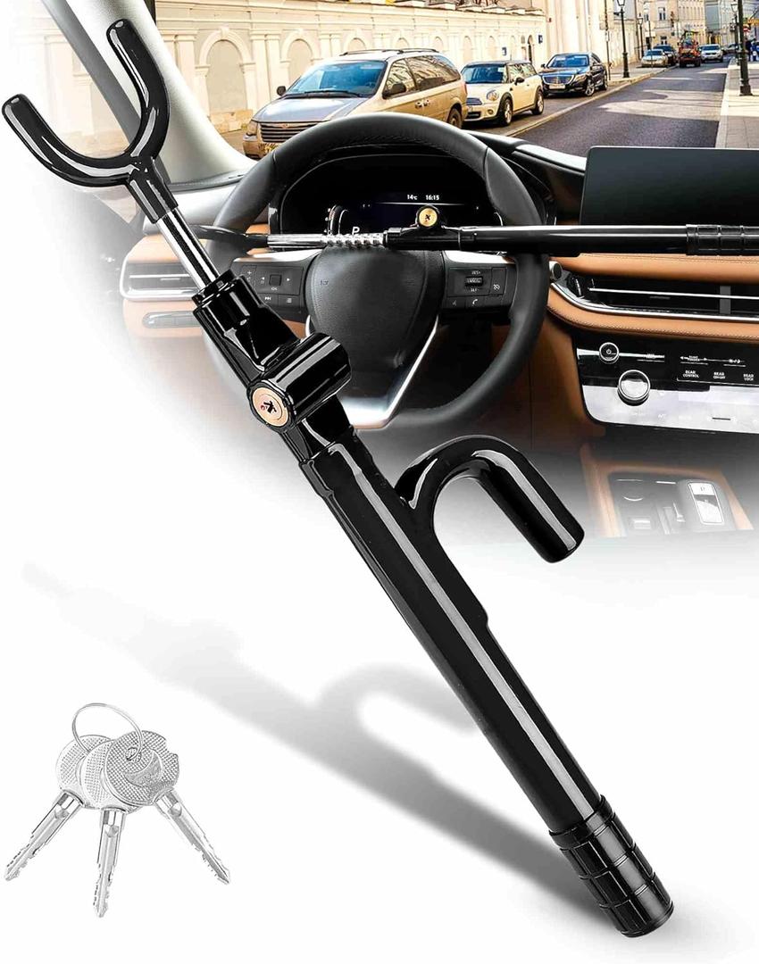 Tevlaphee Steering Wheel Lock Anti-Theft Device Security Car Lock Anti Theft Car Device Visible Antitheft Locking Devices Adjustable Car Wheel Lock for Cars with 3 Keys (Black)