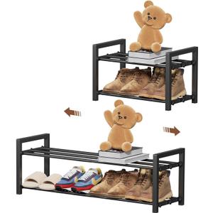 2-Tier Expandable Shoe Rack,Adjustable Shoe Shelf Storage Organizer Heavy Duty Metal Free Standing Shoe Rack for Entryway Closet Doorway (Black)