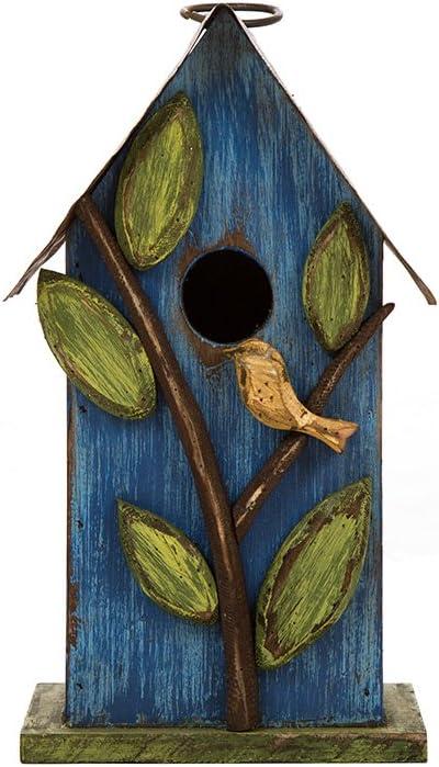 Glitzhome Bird Houses for Outside, 9.7" H Hanging Bird House for Outdoor, Patio Garden Decorative Pet Cottage Distressed Wooden Birdhouse for Bluebird Hummingbird Wren Finch Cardinals, Blue Leaves