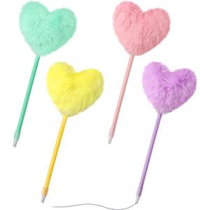Pom Pom Ballpoint Pen 4 Pack Heart Shape Puffy Pens Fluffy Pen for Girls Colorful Fuzzy Pens Ballpoint Pens for Office and Party Supplies