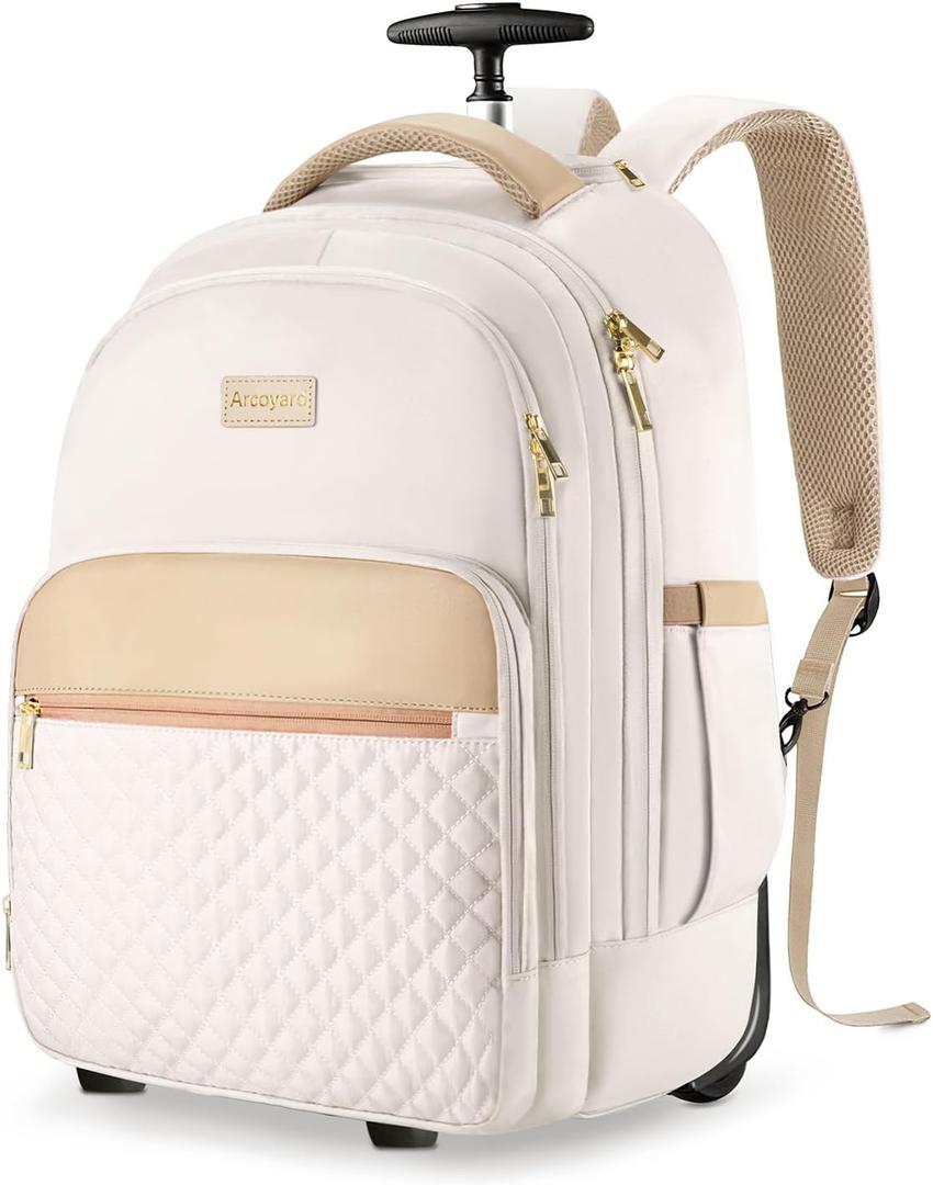 Arcoyard Rolling Backpack For Adults With Wheels, 40L Wheeled Backpack For Women, Travel Roller Backpacks, Carry On Luggage, Rolling Bag, Beige (17-inch)