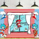 Red and Blue Stripes Backdrop Party Supplies Birthday Theme Photo Background Cat in The Hat Banner for Birthday Party Caketable Decoration 5x3ft