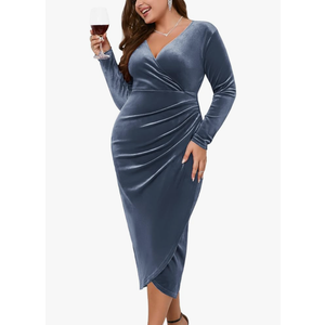 ZOMVA Plus Size Velvet Wrap Dress Ruched Bodycon Dress Long Sleeves Ruffle Long Elegant Party Wedding Guest Cocktail Holiday
XL