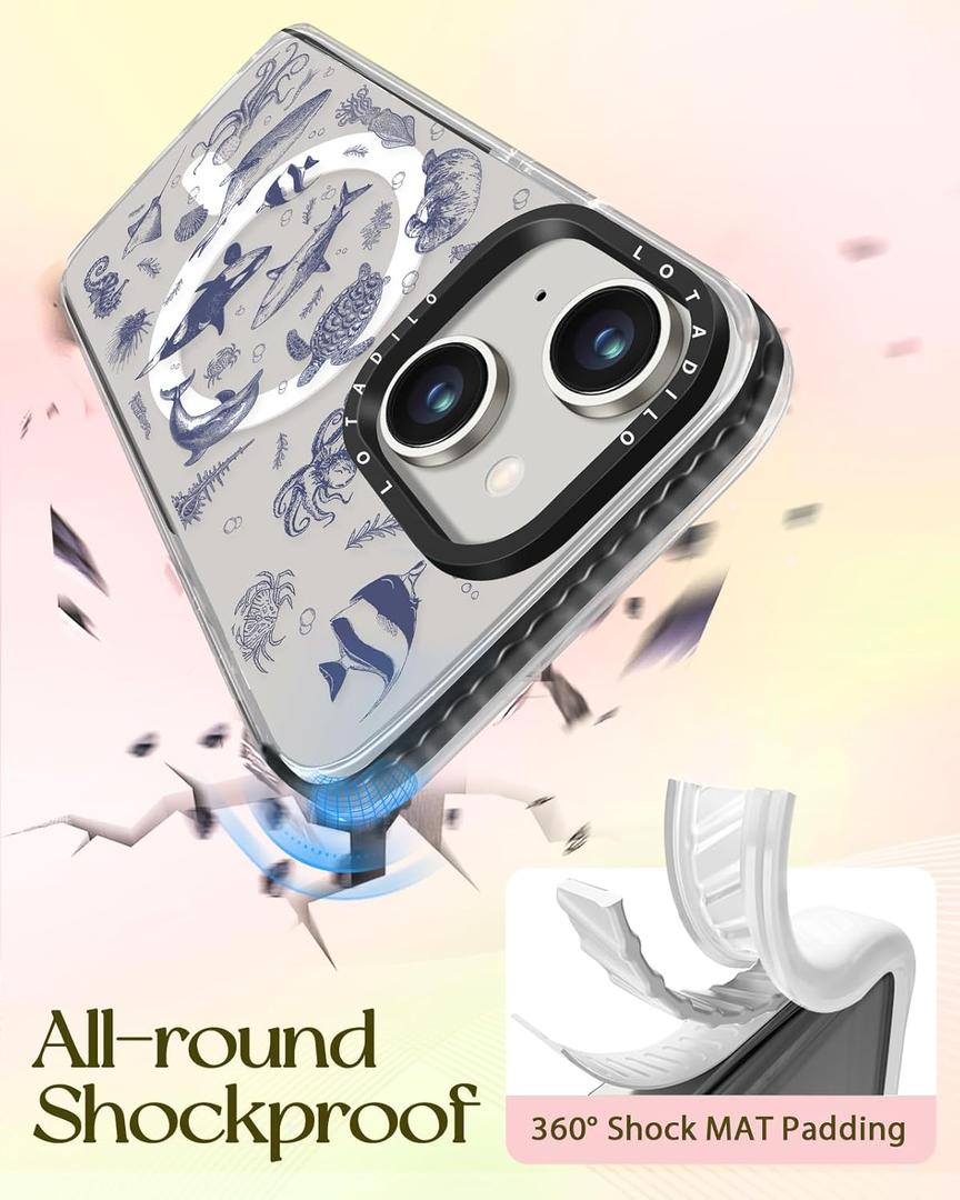 for iPhone 15 Case for Women - Girls Kawaii Design Compatible with Magsafe Magnetic Ring Holder Stand Sea Fish Phone Covers Aesthetic Girly TPU Funda for 15