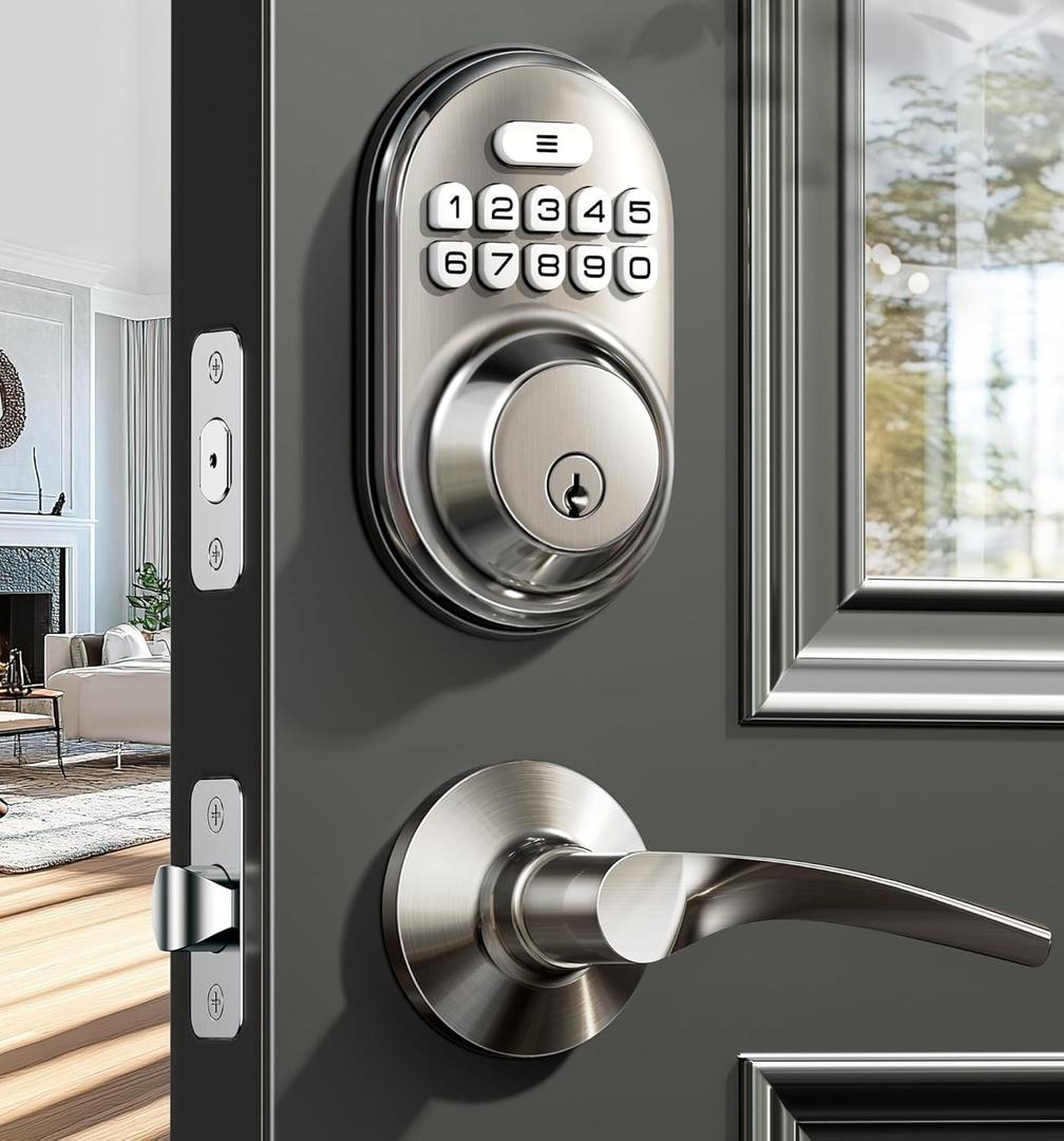Veise Keyless Entry Door Lock with 2 Lever Handles - Electronic Keypad Deadbolt, Auto Lock, Back Lit & Easy Installation Design, Front Door Handle Sets, Satin Nickel