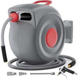 Retractable Air Hose Reel with Air Blow Gun, 3/8 In 65 ft Any Length Lock Air Compressor Hose Reel with Handle,180 Swivel Wall Mount for Garage