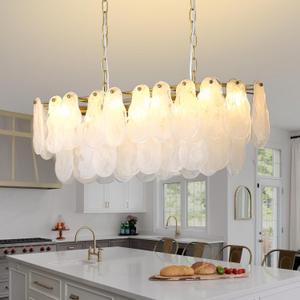 KELUOLY Modern Glass Chandelier 8-Light Rectangle Gold Brass Chandelier Luxury Oval 2-Tiers Crystal Cloud Glass Pendant Ceiling Light for Dining Room Living Room Kitchen Island L31.5'' (E12)
