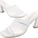 Women's Mule Heels Chunky Kitten Heeled Sandals Mesh Slip On Square Toe Comfortable Casual Dress Pumps Shoes (White), 6.5