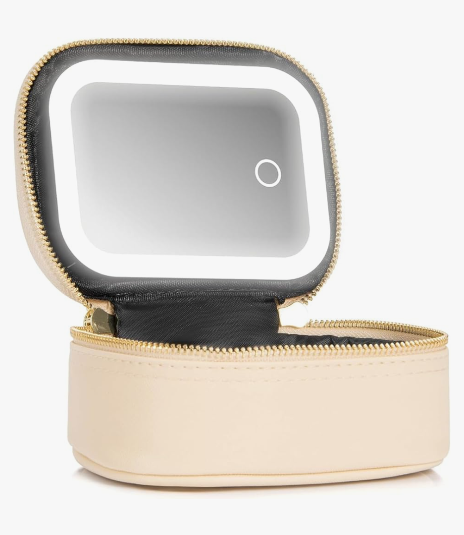 Mini Makeup Bag with Led Mirror,Small Travel Make up Bag 3 Light Modes Adjustable Brightness, for Women Organizer Cosmetic Bag, Portable Travel Train Toiletry Bag, for Pool Parties Work Touch-Ups