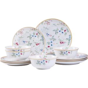 Floral Dinnerware Set for 4, 12-Piece Porcelain Plates and Bowls, Gold Rim