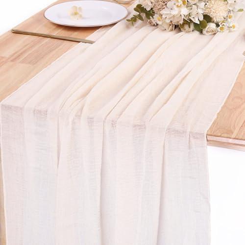 SAJOO 13ft Light Beige Cheesecloth Table Runner Boho Gauze Runner for Baby Shower 35x157 Inches Cheese Cloth Table Runner for Wedding Bridal Party Home Decorations, Set of 2