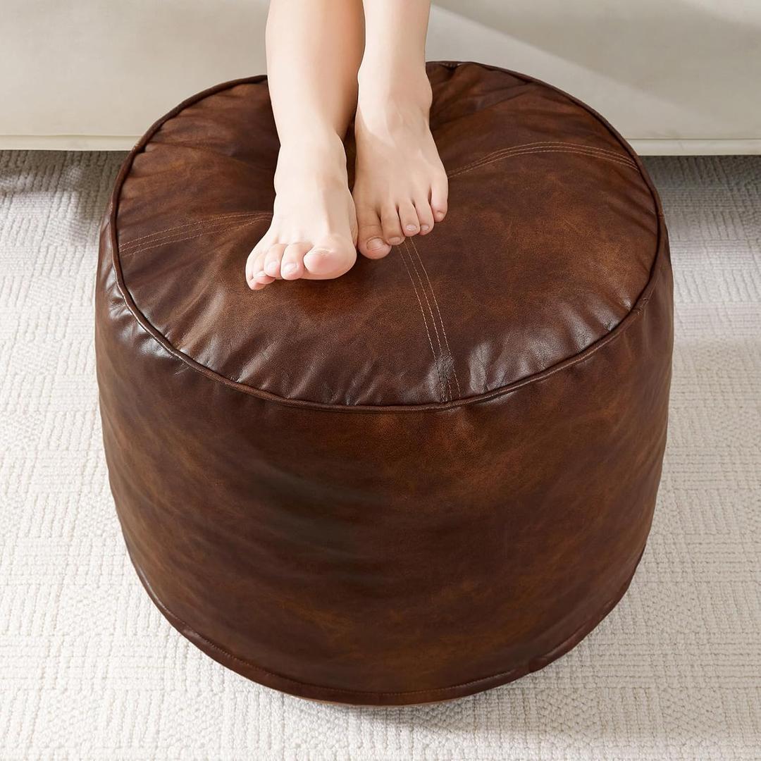 HIGOGOGO Round Stuffed Pouf Ottoman, Pu Leather Poufs with Foam Chunk Filling, Furry and Fluffy Pouf Foot Stool Storage Ottoman, 26 X 18 Floor Poufs Foot Rest for Living Room,Dark Brown