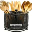 360 Rotating Metal Utensil Caddy - 4 Compartment Silverware Cutlery Holder Rotation Fork Spoon Napkin Organizer Flatware Storage Basket Party Countertop Buffet Picnic Camping Outdoor Black