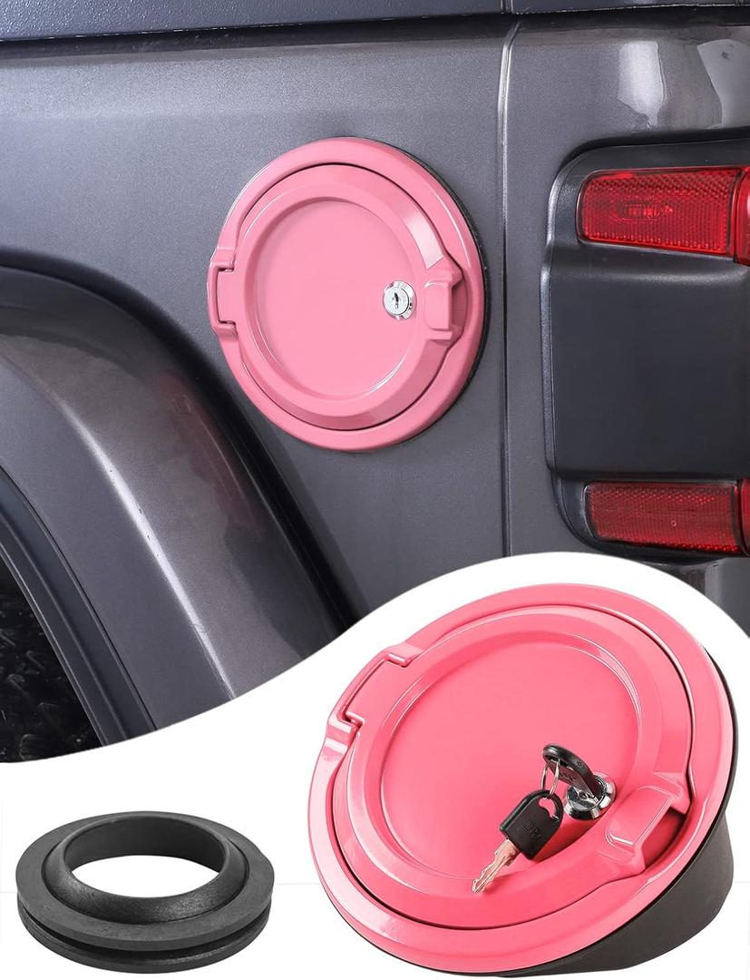 Savadicar Locking Gas Cap Cover, Fuel Filler Tank Door with Lock Compatible with 2018-Present Jeep Wrangler JL JLU 4XE 2 and 4 Door, ABS + Aluminum Alloy Structure, Replacement Accessories, Pink