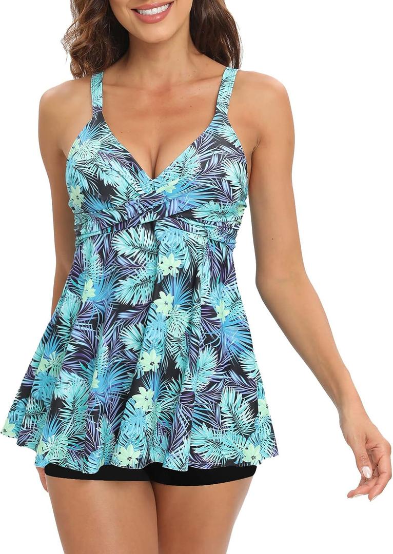 SEAFORM Women's Tankini Bathing Suits Two-Piece Tummy Control Swim Dress High Waist Printing Padded Swimsuits with Boyshorts (XX-Large, Blue-green Leaves)
